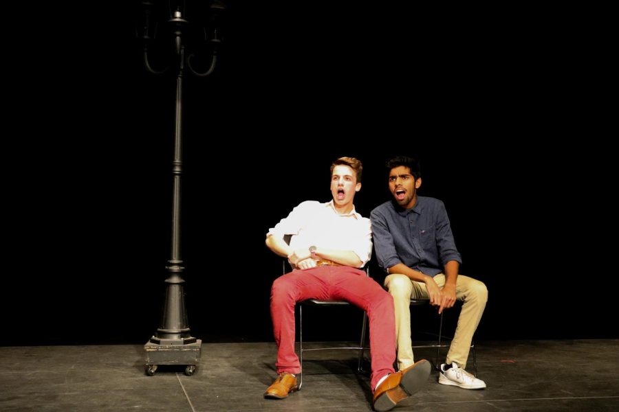 Seniors Greg Gontier (left) and Aditya Venkatesh (right) rehearse a scene before the fall showcase.