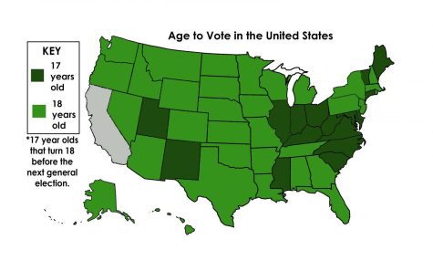 Graphic of the United States showing the required age to vote in each state
