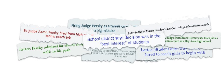 Graphic illustration depicting overlays of several headlines from coverage of Perskys hiring.