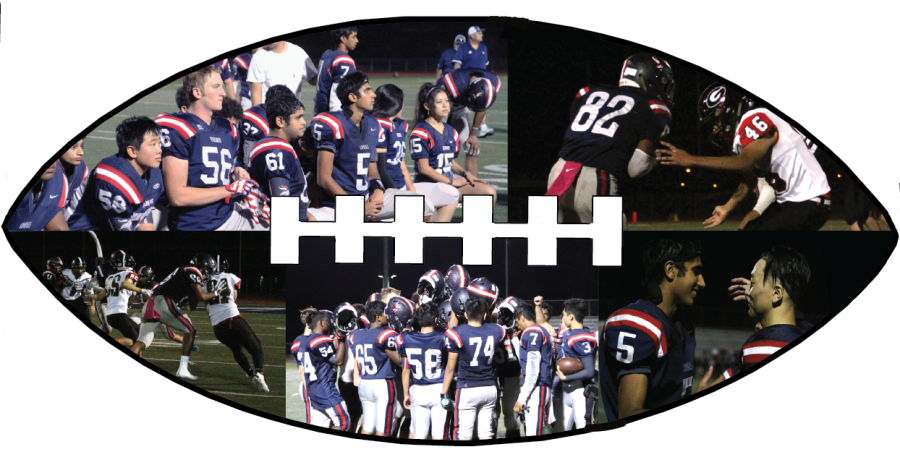 Top left: The team
listens to an
uplifting message
from their coach after a
heartfelt homecoming loss to
Gunn High School on Oct. 25.
Top right: Senior
Jonathan Leslie
runs the ball past a
defender. The team has
become less hesitant to tackle
this season, which has contributed to
gaining more yards in their games.
Bottom right and center: The team refl ects on the game
and celebrates the positive aspects of their performance.