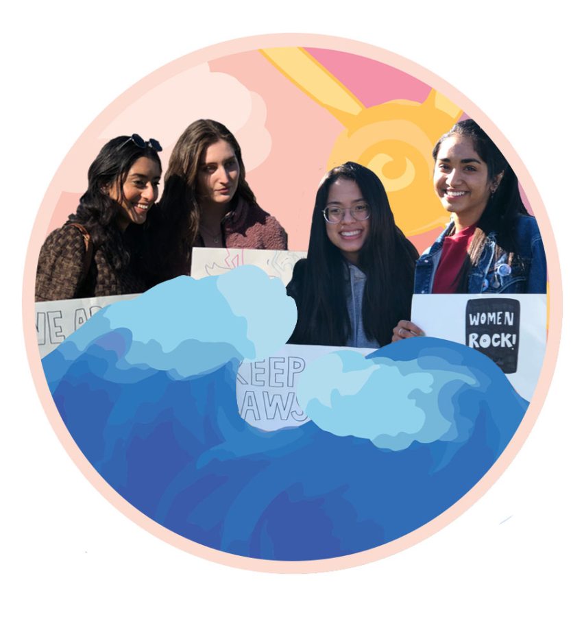 Intersections members Nikita Sehgal, Angelika Shakirova, Tiffany Tran and Rhea Anand pose with their posters at the Women’s March.