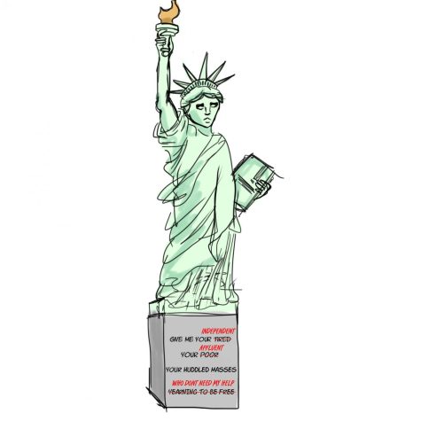 The Statue of Libertys original inscription of Emma Lazaruss poem is reworded to say Give me your independent, your affluent, your huddled masses who dont need my help, symbolizing the Supreme Court decisions message to Americas immigrant population.