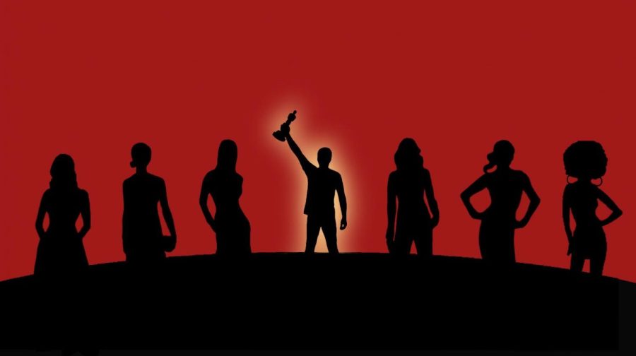 In a lineup movie stars, the only male icon stands in the spotlight while other women are left in the shadows, symbolizing the Oscars constantly leaving out women from receiving recognition.
