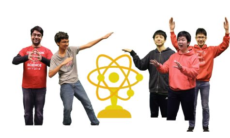 Lynbrook Science Bowl team members and the Science Bowl logo