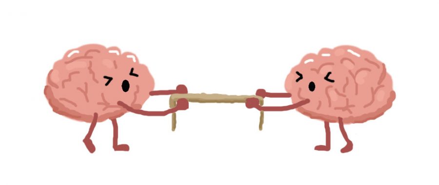 Graphic illustration of cartoon brains playing tug-of-war