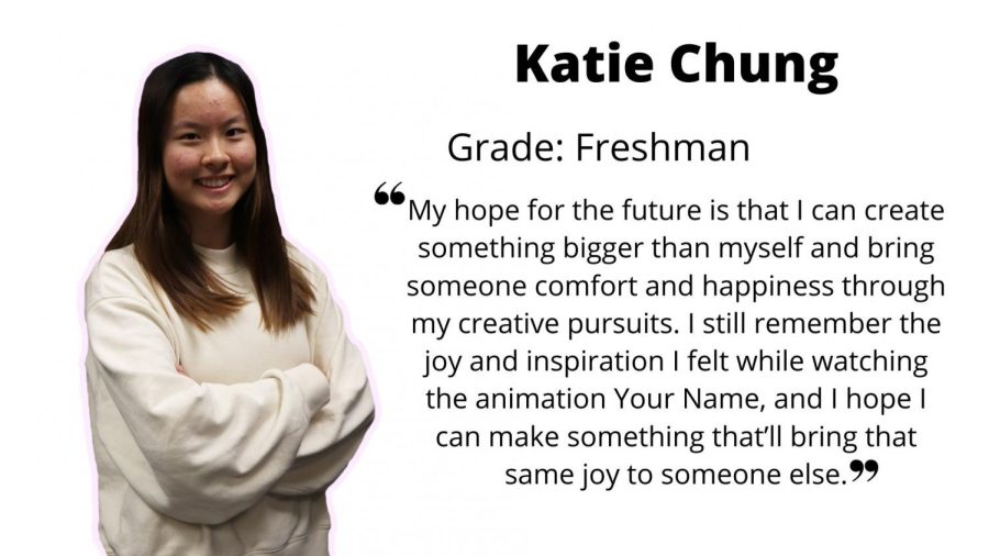 Katie Chung, when asked about her plans for the future: “My hope for the future is that I can create something bigger than myself and bring someone comfort and happiness through my creative pursuits. I still remember the joy and inspiration I felt while watching the animation Your Name, and I hope I can make something that’ll bring that same joy to someone else.”