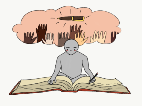 Graphic Illustration by Alara Dasdan.
A character writes in a large red book with a thought bubble of diverse people holding up a pen representing the diversity in writing emphasized by the new course.