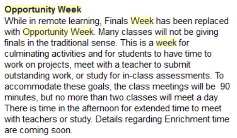 A screenshot of the message that was sent in an email in November regarding what to expect from Opportunity Week. 