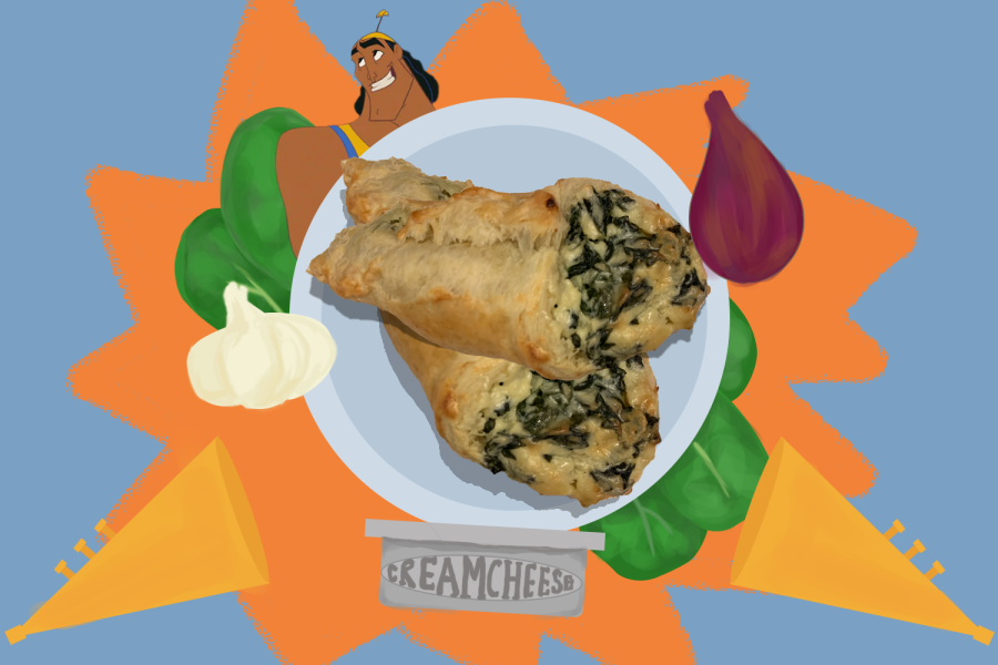 Kronk+poses+with+key+ingredients%3A+spinach%2C+garlic%2C+shallot+and+cream+cheese+behind+a+plate+of+spinach+puffs%21