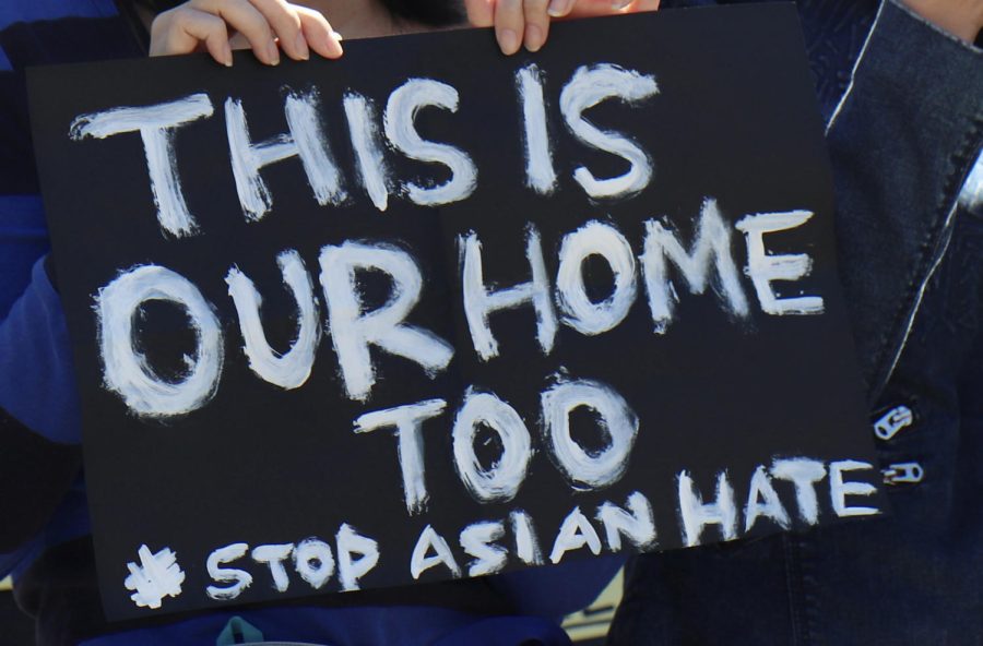 Hundreds of people gathered in front of the Saratoga City Hall to protest AAPI hate on March 27, holding signs with powerful messages like the one pictured above.