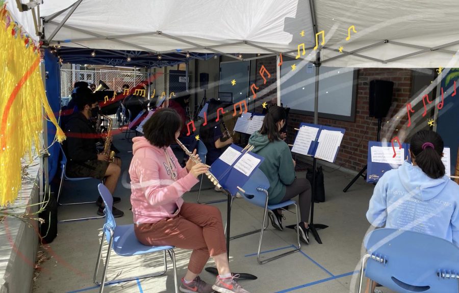 Mr. Pakaluk’s band class practices in the cabana. (Photo used with permission of Richard Chiu.  Graphic illustration by Anwen Huang.)