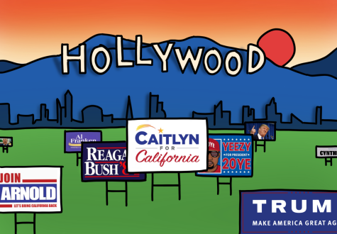Celebrity candidates’ yard signs in front of the backdrop of Hollywood’s famous white sign.