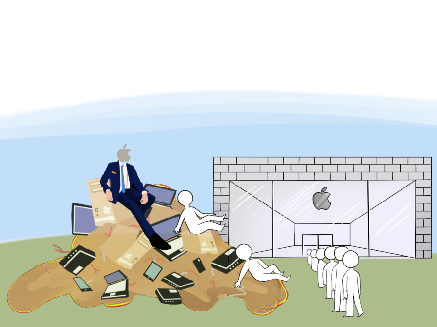Apple+sitting+on+top+of+a+pile+of+discarded+electronics%2C+as+consumers+drone+mindlessly+towards+the+Apple+Store+to+buy+the+latest+new+shiny+IPhone+and+discard+the+old.