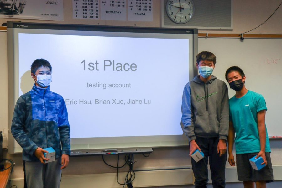 Sophomores Eric Hsu, Jiahe Lu and Brian Xue take the first-place blue tooth speakers prize home at the first Lynbrook ProCo.
