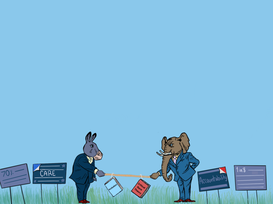 A donkey and elephant, representative of the two major political parties duke it out in a game of tug of war over local school board campaign signs. Graphic Illustration by Apurva Krishnamurthy and Inaaya Yousuf. 