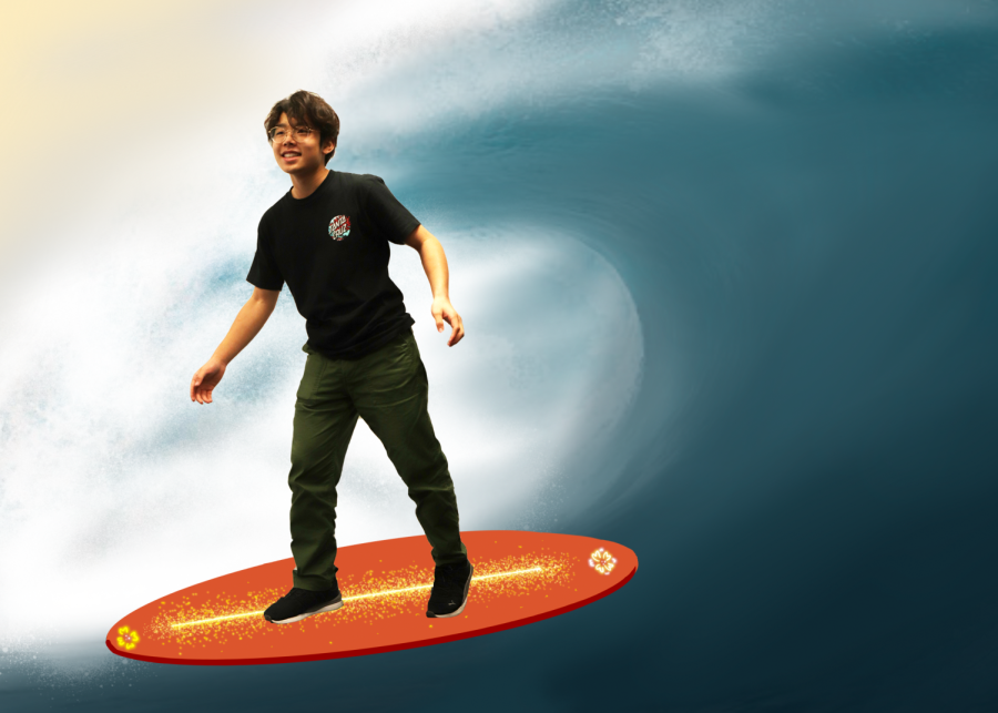Sophomore Matthew Tanaka can be found rising at dawn to catch waves on his longboard.