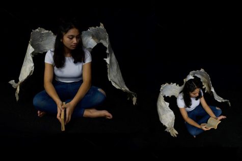 Ankita Chatterjee wears wings made from To Kill a Mockingbird pages.