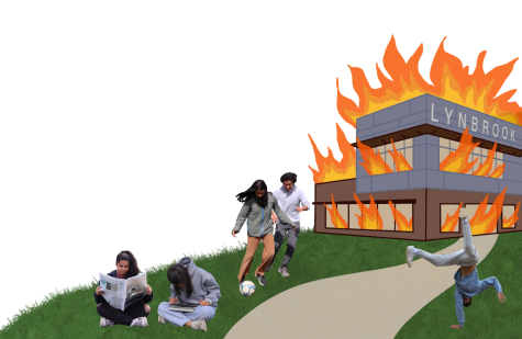 Lynbrook students play games, read and cartwheel, oblivious to the roaring fire blazing behind them. Graphic illustration by Anushka Anand and Lilly Wu.
