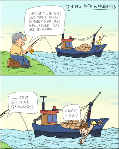 A youth dives into wokeness while frowned upon by an old fisherman. Graphic illustration by Calvin Zhou.