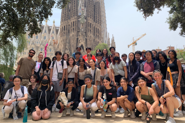 Students on the 2023 France and Spain trip pose in front of the Sagrada Familia cathedral, a notable work of Antoni Gaudí, an artist the students learned about on the trip. Photo used with permission from Charlotte Kruk.