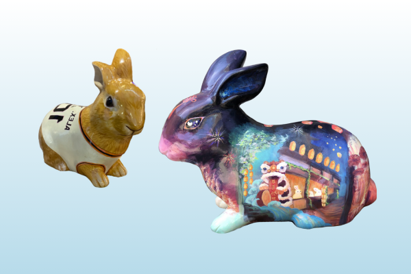 Lynbrook students Anna Ding and Allison Lins crouching rabbit sculptures were both 20 inches tall, the smallest size available. They were displayed outside a restaurant in Main Street Cupertino and the Cupertino Library, respectively, before being auctioned to buyers. 