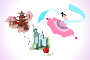 A dancer extends her legs across the teal poster, leaping with her head tilted back, sleeves unfurling to her sides to make a bold line for the words “Shen Yun.” Underneath the title, a subheadline stalks boldly across the page: “China before communism.”