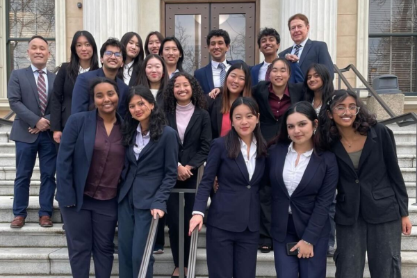 Team A takes poses before winning the final round of the Santa Clara County competition against Prospect High
School, which allowed them to qualify for the Teach Democracy CRF Mock Trial state competition. Photo used with permission from Mark Shem  