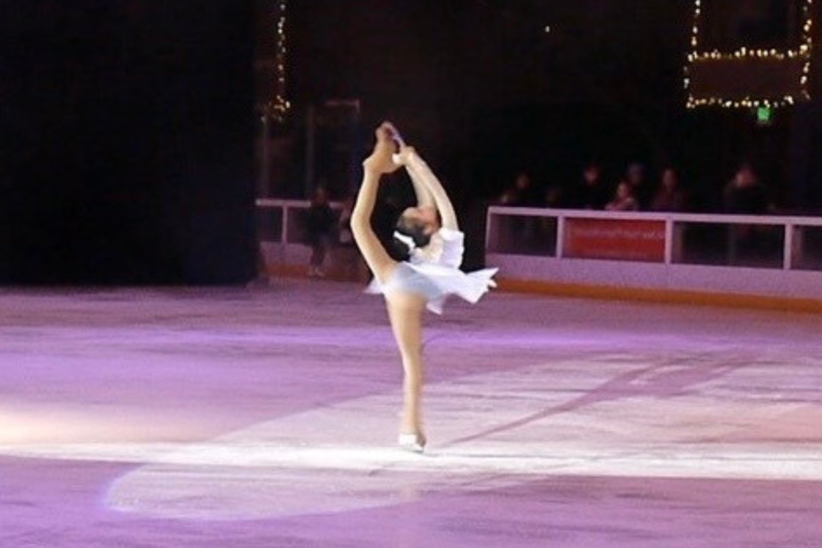Senior Natalie Yang executes a Biellmann spin at the 2019 figure skating Crystalline Showcase.