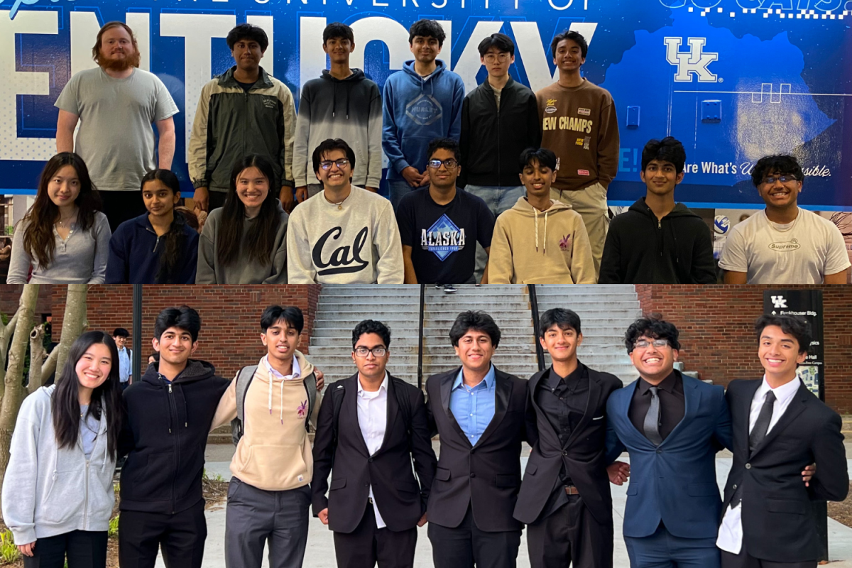Top image: Members of the Speech and Debate team pose in front of a banner at the Ketucky LEX airport that reads University of Kentucky, the venue of the Tournament of Champions national tournament. (Left to Right, Front to Back: Rebecca Cai, Rucha Kore, Nina Pan, Vansh Mathur, Aadharsh Rajkumar, Anish Bhethanabotla, Rohan Patel, Sagar Bhatia, Michael Harris, Aadi Loonawat, Vihaan Patel, Om Modi, Bolang Zhu, Rohin Saharoy) bottom image: Members of the Public Forum debate team pose in front of the Funkhouser building at the Univesity of Kentucky (Left to Right, Front to Back: Nina Pan, Rohan Patel, Anish Bethanabotla, Aadharsh Rajkumar, Aadi Loonawat, Vihaan Patel, Sagar Bhatia, Rohin Saharoy). Used with permission from Nina Pan.