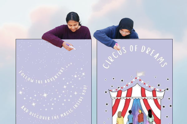 Juniors Rashana Dandamudi and Inaaya Yousef blend engaging illustration and narrative to craft a story they hope children will love. Graphic illustration used with permission from Rachana Randamudi.
