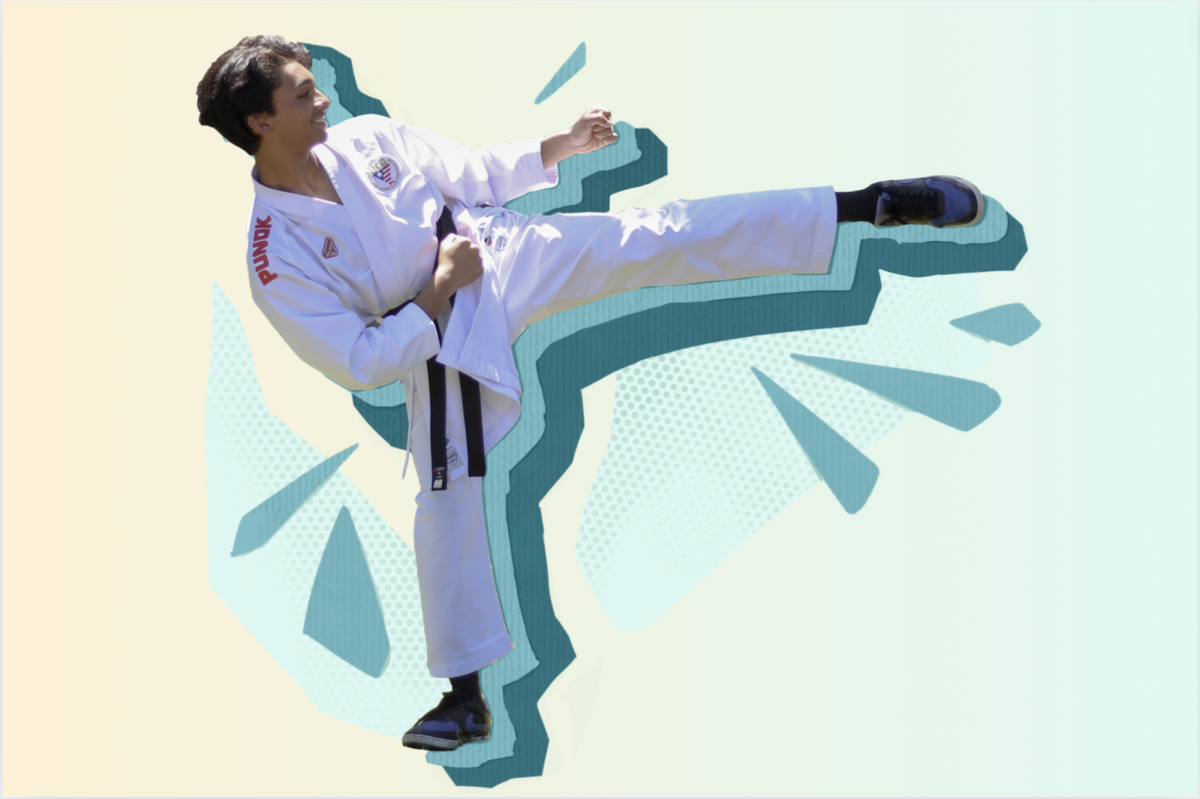 Rohin Saharoy demonstrates a karate move with his black belt on, kicking up his foot in the air.

Photo by David Zhu and graphic illustration by Amanda Jin