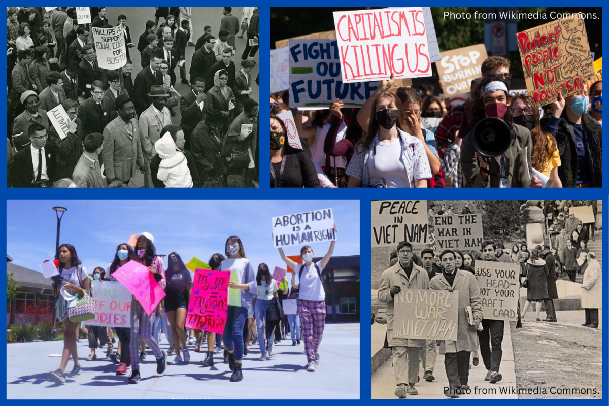 Top left: Equal education rights protest at Phillips Academy in 1964. Top right: Climate strike organized by youth in Pittsburgh in 2021. Bottom left: Lynbrook students participate in reproductive rights protest in 2022. Bottom right: Student protestors at the University of Wisconsin-Madison protest the war in Vietnam in 1965.