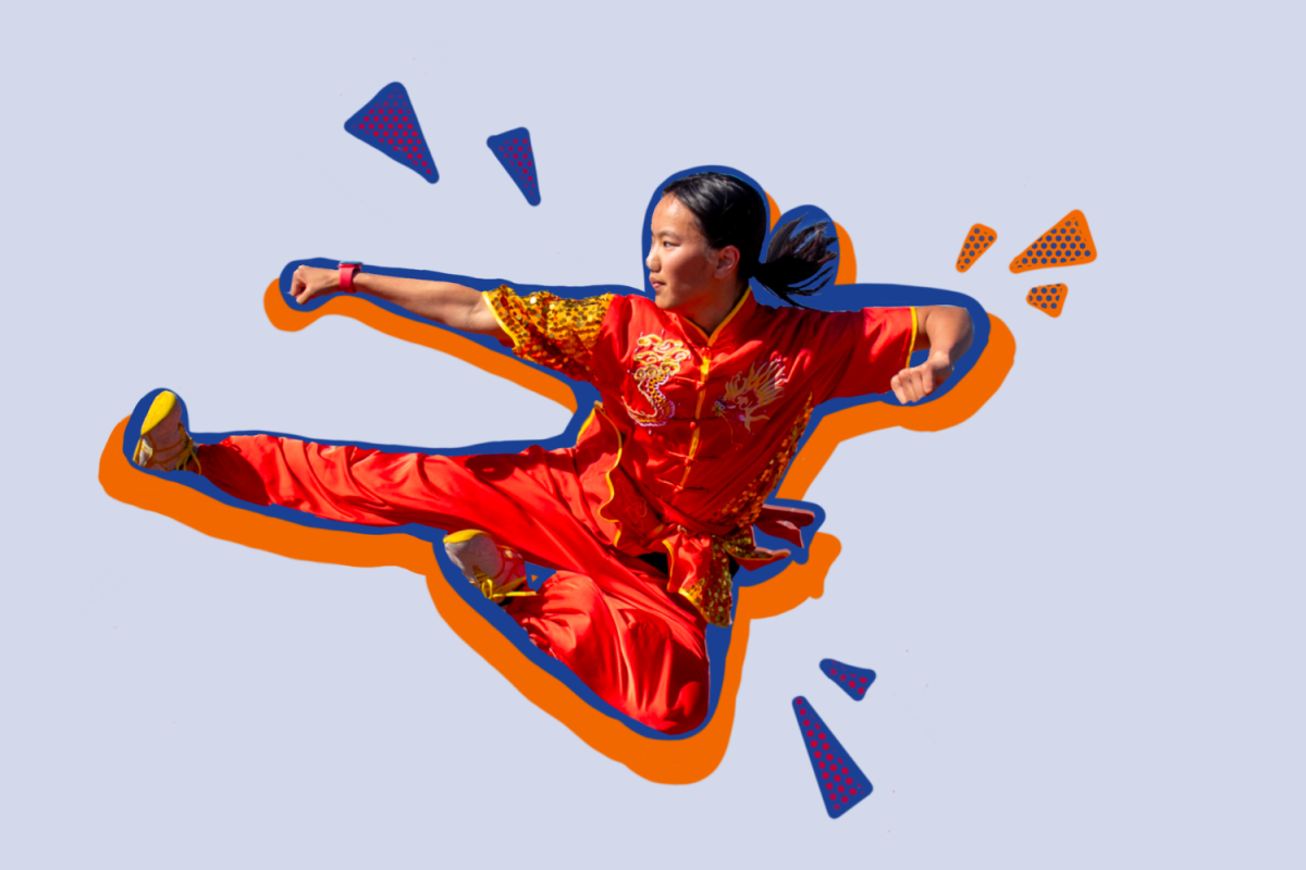 Esther Kwan does a flying kick in her red and gold Kung-Fu uniform. Photo by Crystal Zhu and graphic illustration by Inaaya Yousuf.