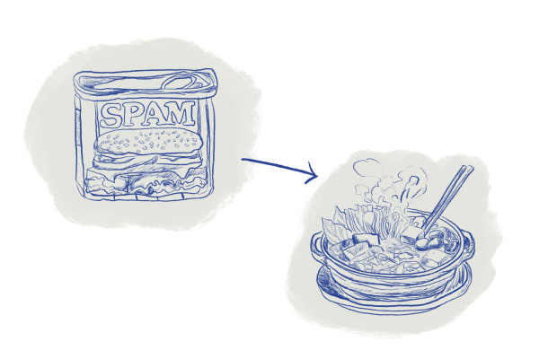 During the Korean War, Korean soldiers ate army stew, or “budae jjigae”, featuring Spam and fusing local ingredients with American elements.