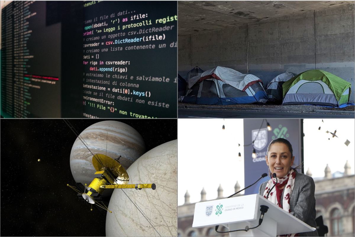 Top left: Engineering Club's annual hackathon will take place for the third year in a row. Top right: Plans for safe sleeping sites for the homeless organized by the City of San José were met with local backlash. Bottom left: The Europa Clipper, NASA's new planetary probe, is set to journey to Europa, one of Jupiter's many moons. Bottom right: This year, Claudia Sheinbaum became the first female and Jewish president of Mexico in its 114-year history of presidential elections.