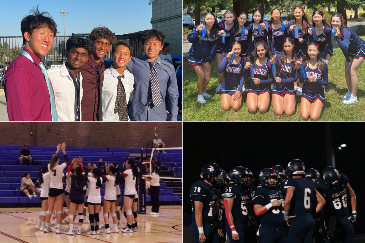 Top left: Members of the boys water polo team wear dress shirts and ties.
Top right: Lynbrook's cheer team shows off awards.
Bottom left: The girls volleyball team gather together in a huddle on the court.
Bottom right: Football players gather together on the field for a chant.
Photos used with permission by respective teams and taken by the Epic Staff.