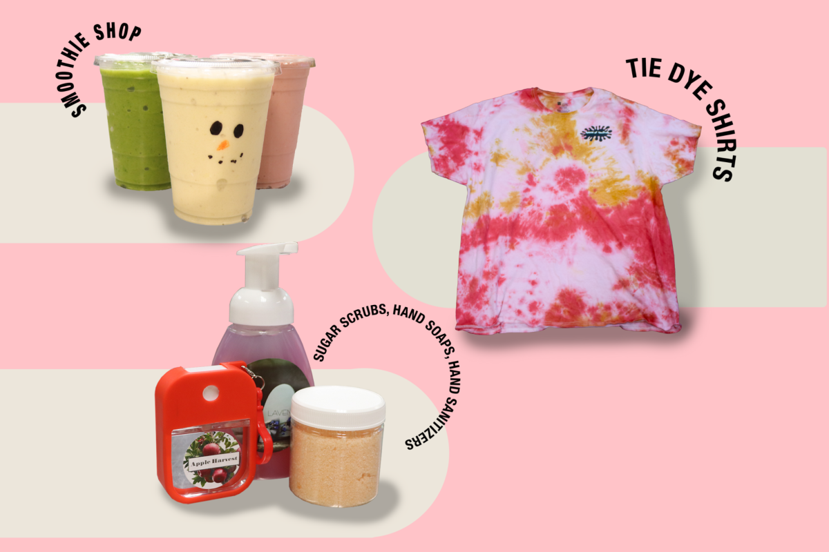 Products from each student business, including seasonal smoothies, tie dye shirts, and sugar scubs, hand sanitizers, and hand soaps.