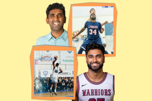 Coaches Ajay Singh and Ajit Vijayakumar's younger selves playing basketball in high school and college.