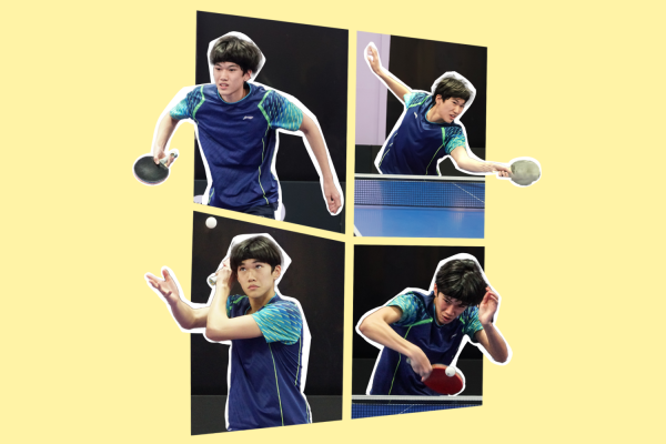 Justin Liu rapidly serves and blocks the ball in an intense table tennis match.