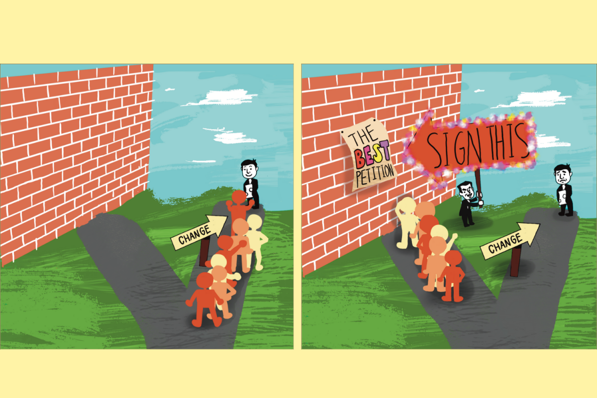 Student petitions are an important way of bringing attention to school issues, but the line between serious and counterproductive petitions must be drawn. Graphic illustration by Charlotte Bolay and Crystal Zhu