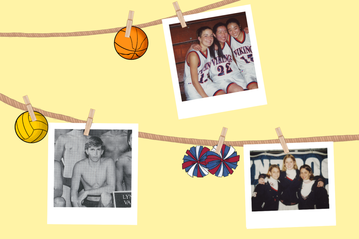 "Andrea Badger posing with part of Lynbrook’s
1992-1996 cheer team. Julie Morelos posing with part of Lynbrook’s
basketball team. Kyle Howden posing with Lynbrook’s water polo
team. "