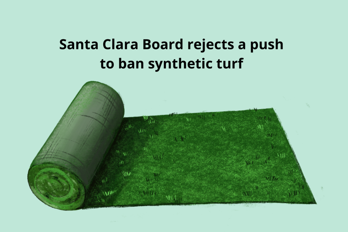 The rejection by the Santa Clara County Board of Supervisors allows the continued use of turf in recreational areas. Graphic illustration by Cecilia Wu.