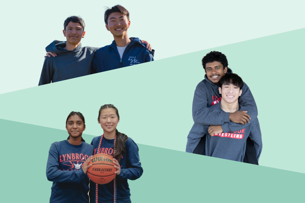 Arm in arm, the upperclassmen and underclassmen sports duos build bonds together in the winter season. Photos by Gary Pan and Lilly Wu. Graphic illustrations by Savaan Saraf, Jenny Suh. Ethan Wong and Lilly Wu.