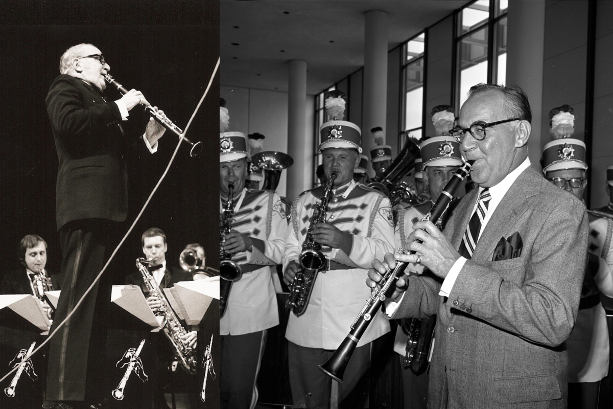 Benny Goodman, known as the "King of Swing," was a major force in popularizing swing music, notable for his clarinet playing and his band's infectious rhythms. Photos used from Creative Commons licenses.