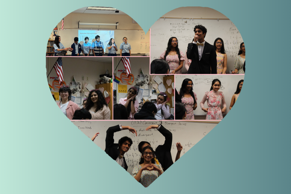 Choir showcases their yearly Singing Valentines performances to classmates and teachers. Photos by Claire Guo, Lilly Wu and Crystal Zhu. Graphic illustration by Gary Pan.