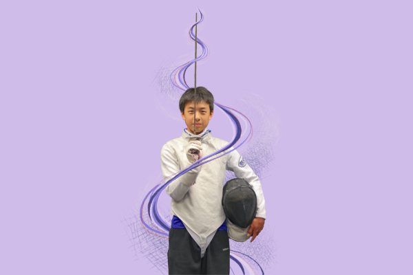 Freshman Alber Wu holds up his foil, standing proudly with his fencing equipment. Photo by Olivia Tu. Graphic illustration by Kieran Hau and Amanda Jin.