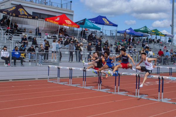 Track athletes from different high schools leap over hurdles while bounding toward the finish line. Photo by Akash Anand. Graphic illustration by Anna Cen