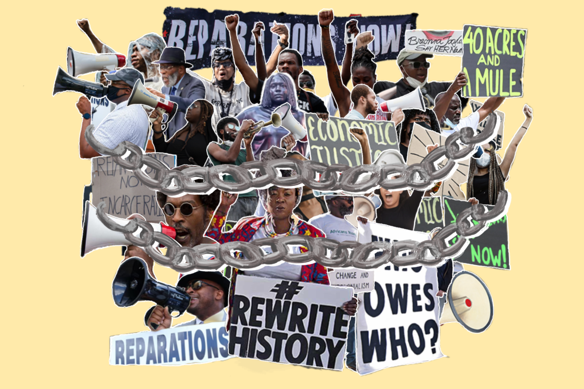 Slavery reparations aim to address centuries of racial inequality in America. Graphic illustration by Rebecca Cai, Maddy Chang and Savaan Saraf.