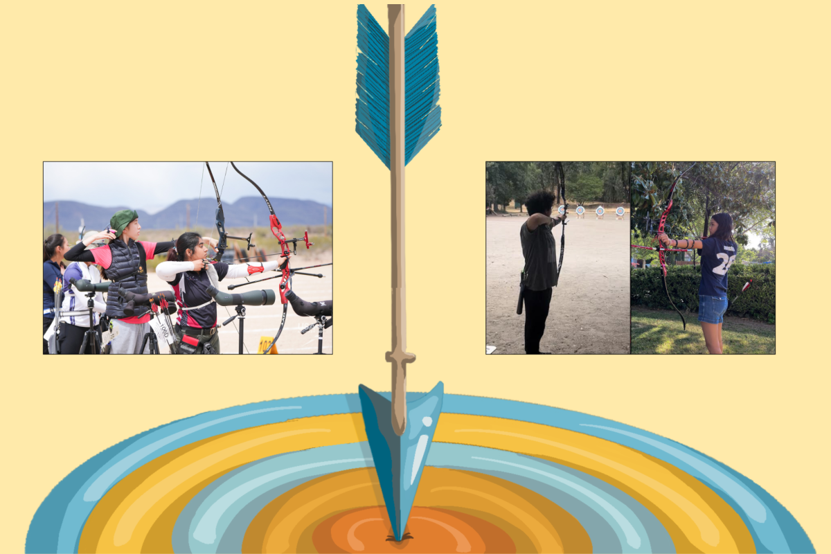 Anika Khanna at the 2025 Gator Cup. Michael and Michele Myers practicing. Photos used with permission from USA Archery and Michael and Michele Myers. Graphic illustration by Anna Cen.