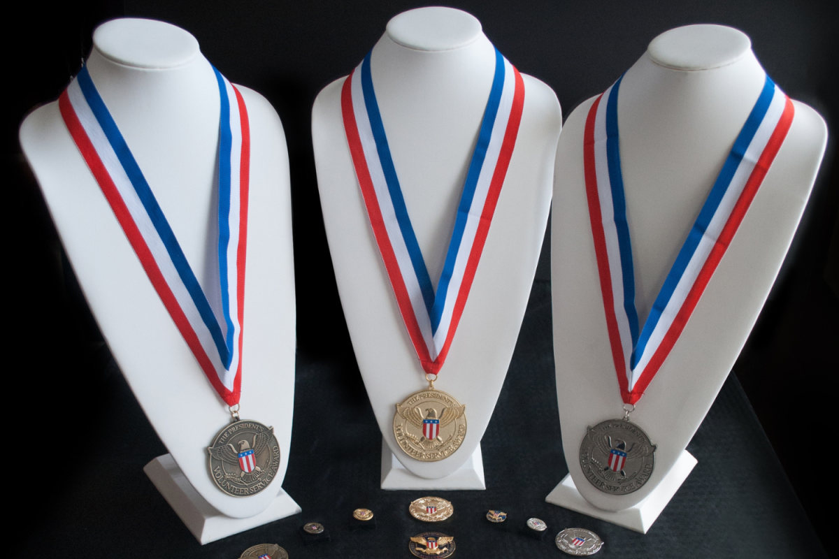 Medals earned from the PVSA bronze, silver and gold award are on display. Image used with permission from Ksims.